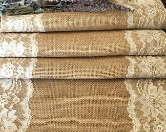 Burlap and Lace Wedding Table Runner, Ivory or White Lace Edges, Rustic, Country, Shabby Chic Reception, Holiday Table Runner, 12" wide