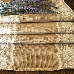 Burlap and Lace Wedding Table Runner, Ivory or White Lace Edges, Rustic, Country, Shabby Chic Reception, Holiday Table Runner, 12" wide