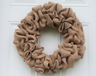 Plain Natural Burlap Rustic Wreath,  All Season Front Door Decor