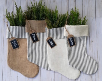 Farmhouse Christmas Stockings, Navy Blue Striped Ticking and Burlap, Personalized