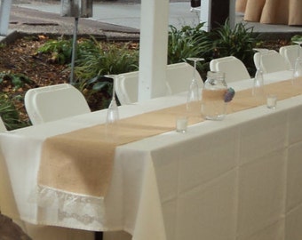 Burlap Lace Table Runner 12" wide, White or Ivory Lace Ends