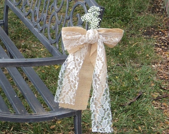 SET OF 10 or 12 Burlap Lace Bows,  Rustic Wedding Chair Bows, Country Barn Wedding Decor, Outdoor Reception Decor