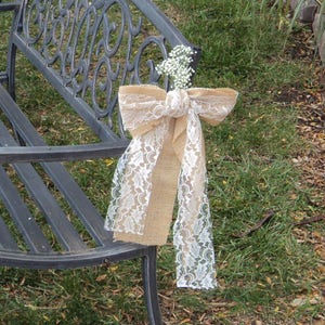 SET OF 10 or 12 Burlap Lace Bows,  Rustic Wedding Chair Bows, Country Barn Wedding Decor, Outdoor Reception Decor
