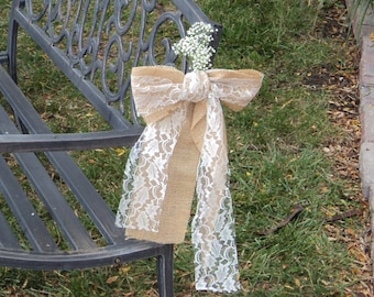 Burlap Lace Wedding Pew Bow, Rustic Chair Decor