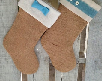 Baby Boy 1st Christmas Stocking, Rustic Blue Burlap Christmas Stocking, Unique Baby Shower Gift