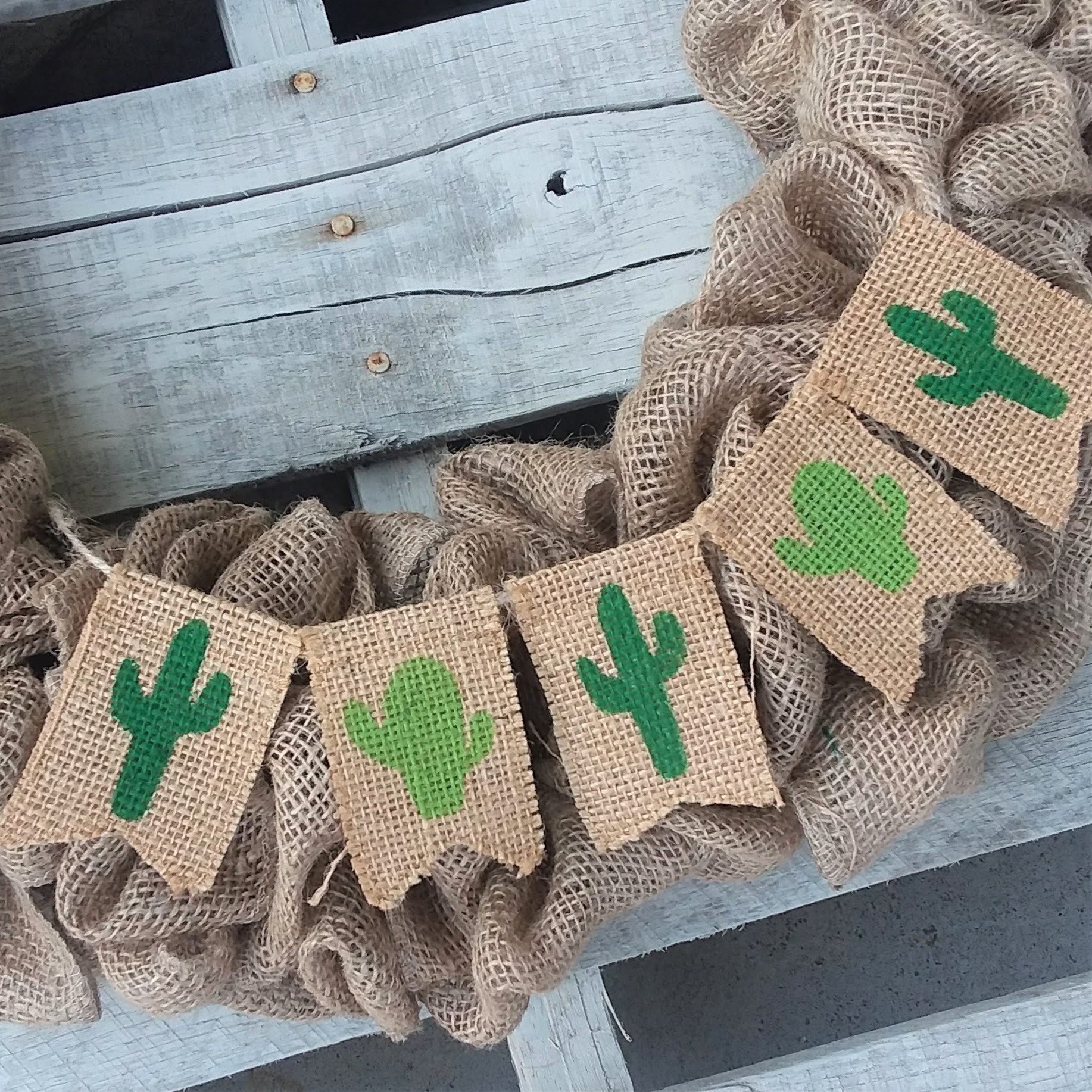 Happy Birthday Bunting Banner - Burlap Party Banner Decorations For Baby Shower, Birthday, Photo Props (Cactus Design)