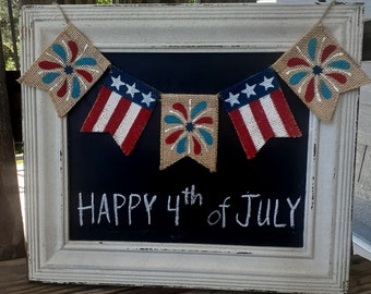 Fireworks Patriotic Reversible Mini Burlap Banner, July 4th Decor for Tiered trays