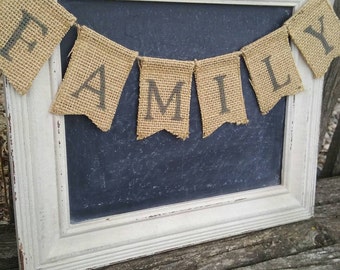 FAMILY Mini Burlap Banner for photo displays, Celebration Party Decor, Photo Prop, Tiny Sign for Small Spaces