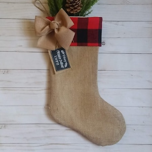 Farmhouse Plaid and Burlap Christmas Stockings, Personalized, Red and Black Buffalo Check image 3