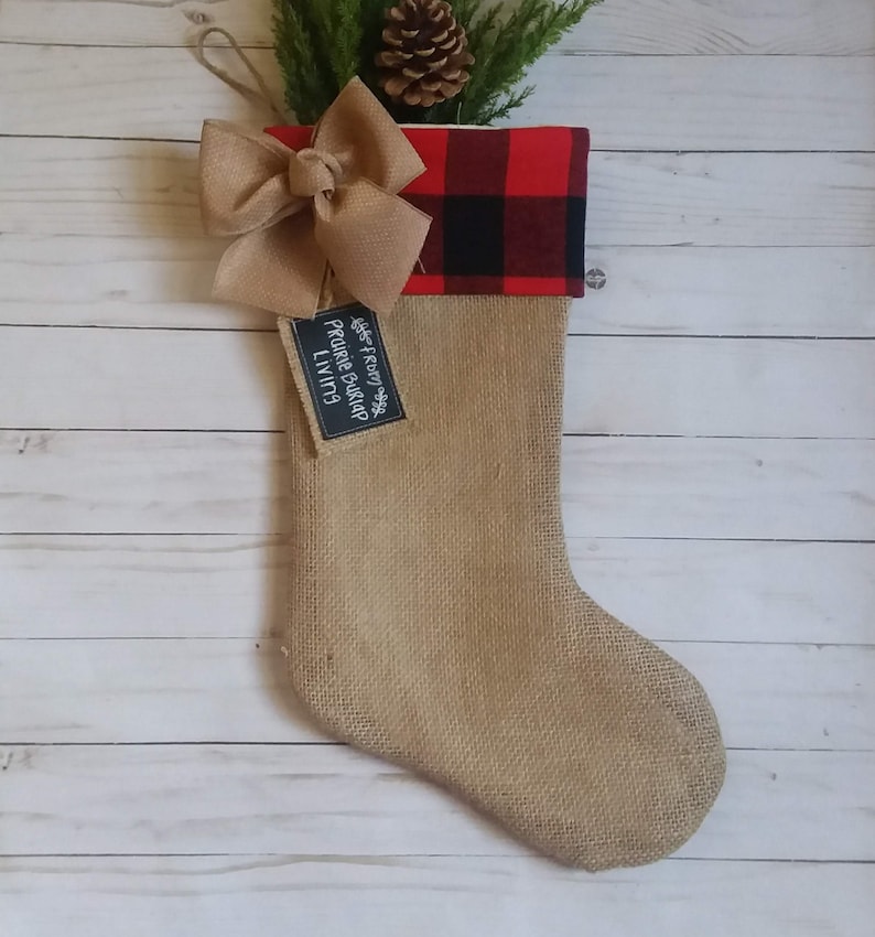 Farmhouse Plaid and Burlap Christmas Stockings, Personalized, Red and Black Buffalo Check Stocking A