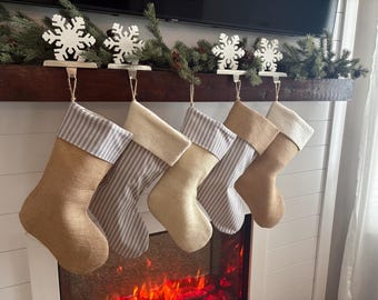Farmhouse Christmas Stocking, Neutral Gray Stripe and Burlap, Personalized, Mix and Match Family Set