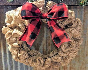 Rustic Burlap Wreath with Buffalo Plaid Bow, Farmhouse Christmas Decor