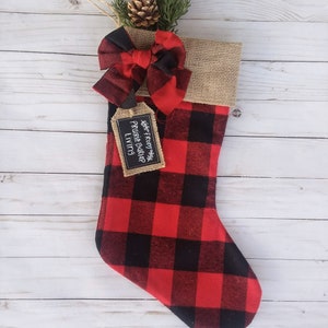 Farmhouse Plaid and Burlap Christmas Stockings, Personalized, Red and Black Buffalo Check image 6