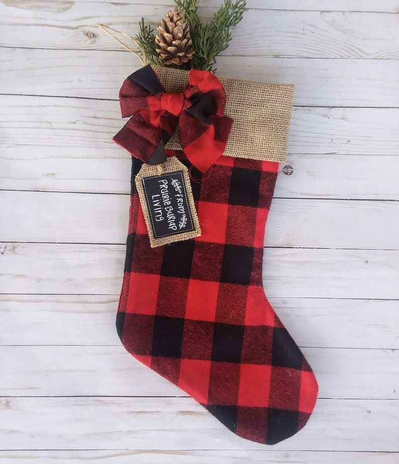 Farmhouse Plaid and Burlap Christmas Stockings, Personalized, Red and Black Buffalo Check Stocking D