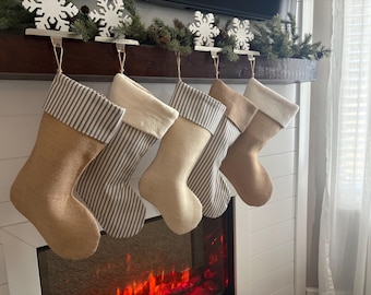 Christmas Stockings with Blue Stripe Ticking and Burlap, Personalized