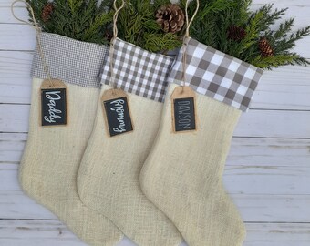 Farmhouse Christmas Stocking with Taupe Check and Burlap, Personalized, Mix and Match Family Set