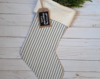 Christmas Stockings with Blue Stripe Ticking and Burlap, Personalized