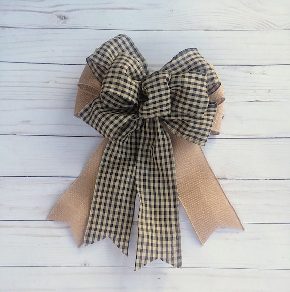 Gingham and faux burlap bow, Small Checkered Bow for Wreaths, Farmhouse Decor
