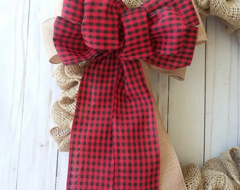 Red and Black Gingham Bow for Farmhouse Decor, Small Checkered bow for Wreaths