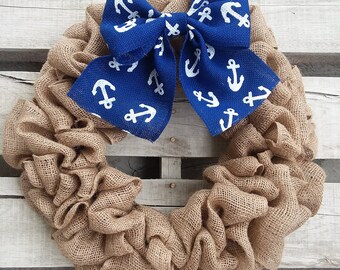 Nautical Wreath, Beach, Lake, Coastal Home Wreath, Summer Wreath, Burlap Beach Wreath, Anchor Wreath, Nautical Theme Decor, Beach Decor