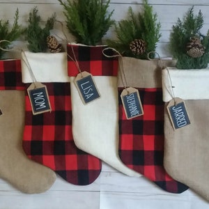 Farmhouse Plaid and Burlap Christmas Stockings, Personalized, Red and Black Buffalo Check image 1