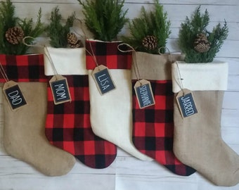 Farmhouse Plaid and Burlap Christmas Stockings, Personalized, Red and Black Buffalo Check