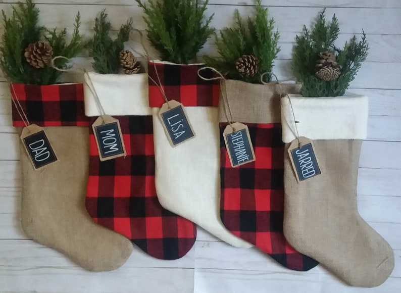 Farmhouse Plaid and Burlap Christmas Stockings, Personalized, Red and Black Buffalo Check image 1