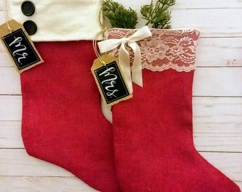 Rustic Burlap Mr. and Mrs. Christmas Stocking Set, Couples Christmas Wedding Gift