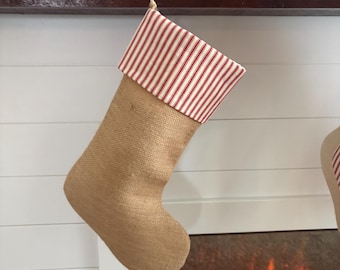 Farmhouse Christmas Stockings, Red Striped Ticking and Burlap, Personalized