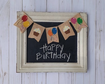 Birthday Party Reversible Mini Burlap Banner, Cupcake and Balloon Banner Photo Prop , Wreath Add on Decor