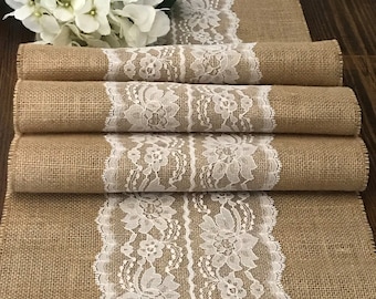 Burlap and Lace Table Runner, Ivory or White Lace Center, Rustic Outdoor Country Barn Wedding Reception Table, Farmhouse Table, 12 inch wide