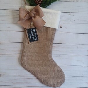 Farmhouse Plaid and Burlap Christmas Stockings, Personalized, Red and Black Buffalo Check Stocking E