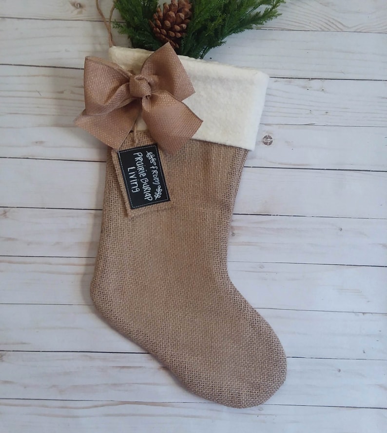 Farmhouse Plaid and Burlap Christmas Stockings, Personalized, Red and Black Buffalo Check image 7