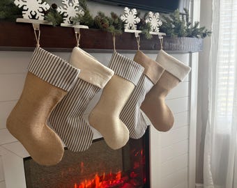 Farmhouse Christmas Stockings, Navy Blue Striped Ticking and Burlap, Personalized
