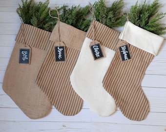 Farmhouse Christmas Stockings, Black Striped Ticking and Burlap, Personalized