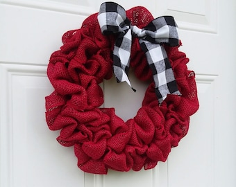 Small Rustic Red Burlap Buffalo Plaid Wreath, Farmhouse Decor
