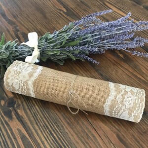Burlap Table Runner with Ivory Lace, Rustic Wedding Decor, 12" Wide image 5