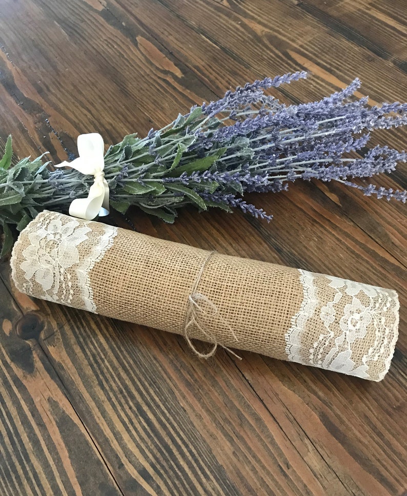 Burlap Table Runner with Ivory Lace, Rustic Wedding Decor, 12" Wide image 5