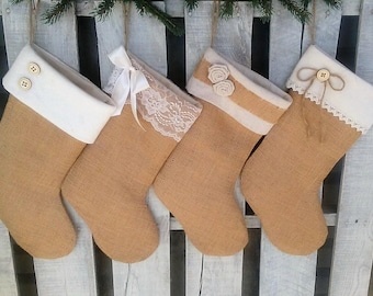 Rustic Burlap and Ivory Christmas Stocking, Personalized Farmhouse Decor