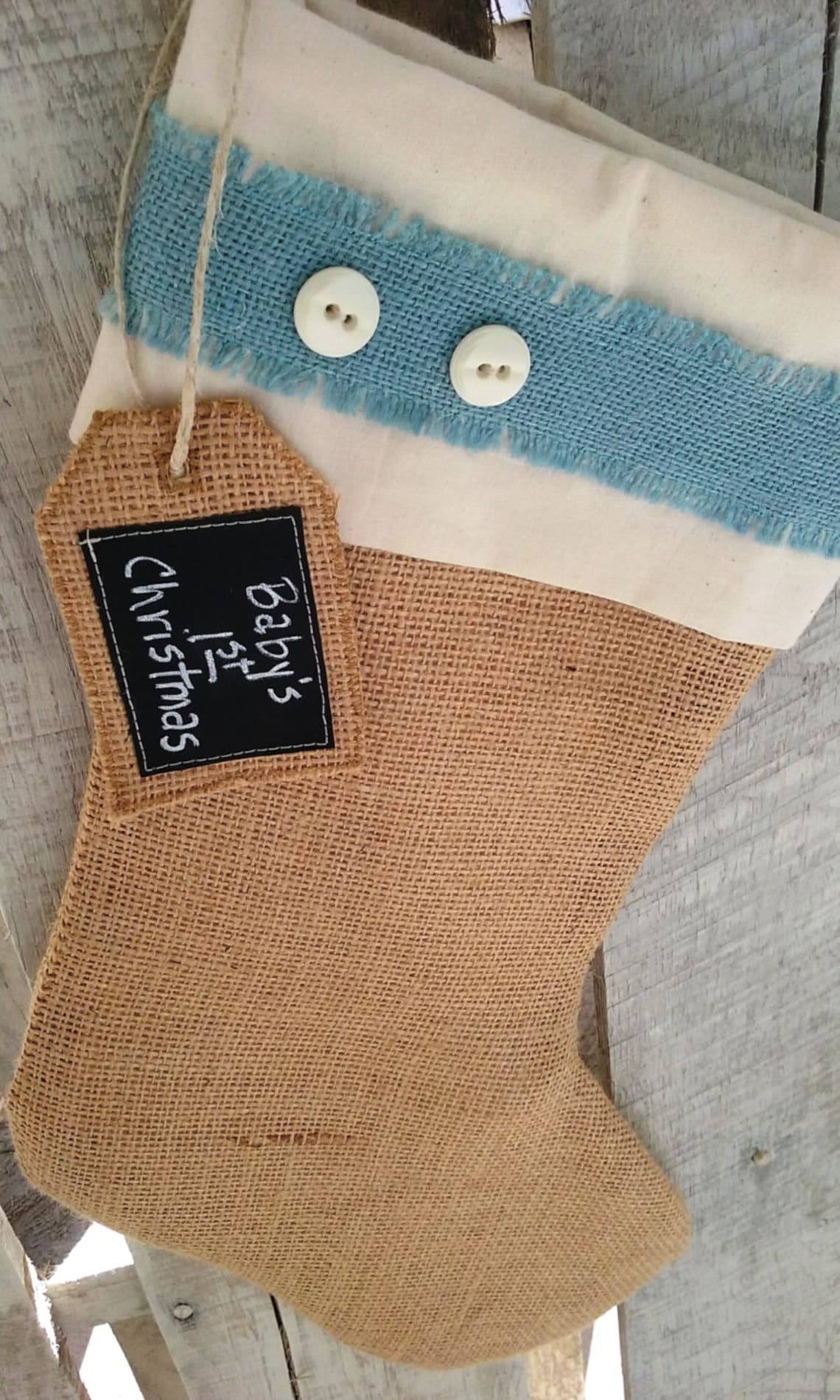 Baby Boy 1st Christmas Stocking Rustic Blue Burlap Christmas Etsy