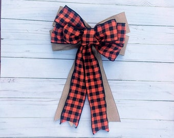Fall Buffalo Plaid Bow for Wreath, Harvest Bow for Fall, Halloween and Thanksgiving Decor