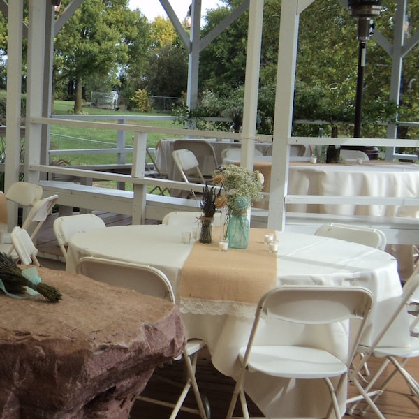 14" Wide Burlap Table Runner, White or Ivory Lace Ends, Rustic/Shabby Chic/Country Wedding, Farmhouse Table Runner, Holiday Party Table