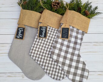 Farmhouse Christmas Stocking with Taupe Check and Burlap, Personalized, Mix and Match Family Set