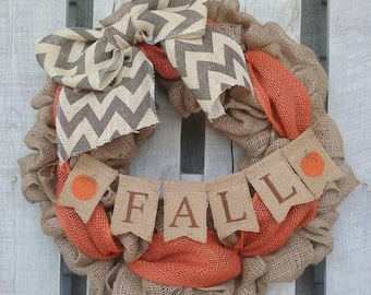 Fall Burlap Wreath with Mini Banner, Rustic Autumn Front Door Wreath