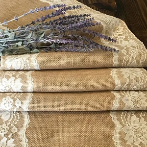Rustic Burlap Lace Table Runners, Ivory or White Lace Sides, Country, Barn, Shabby Chic Wedding Reception  Farmhouse Table Runner, 14&quot; wide