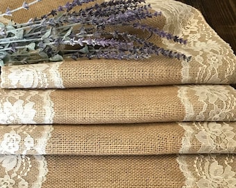 Rustic Burlap Lace Table Runners, Ivory or White Lace Sides, Country, Barn, Shabby Chic Wedding Reception  Farmhouse Table Runner, 14&quot; wide