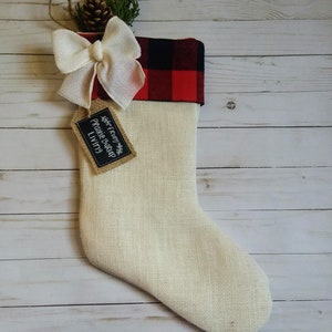 Farmhouse Plaid and Burlap Christmas Stockings, Personalized, Red and Black Buffalo Check Stocking C