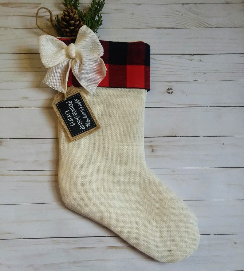 Farmhouse Plaid and Burlap Christmas Stockings, Personalized, Red and Black Buffalo Check Stocking C