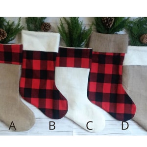 Farmhouse Plaid and Burlap Christmas Stockings, Personalized, Red and Black Buffalo Check image 8