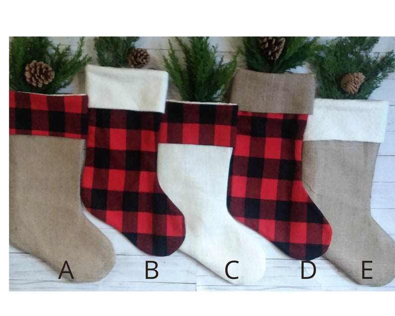 Farmhouse Plaid and Burlap Christmas Stockings, Personalized, Red and Black Buffalo Check image 8